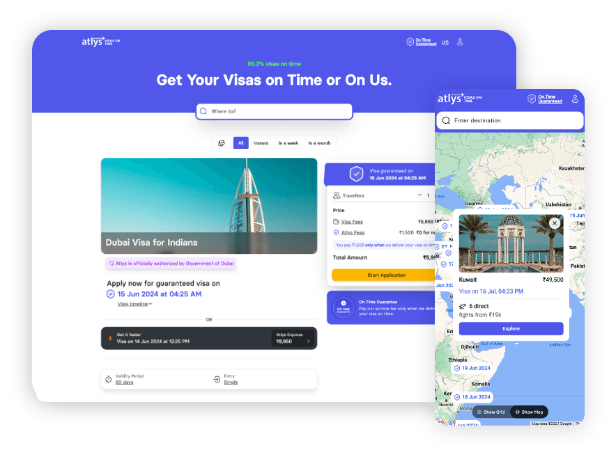 Atlys mobile app hero screen presenting the visa application platform