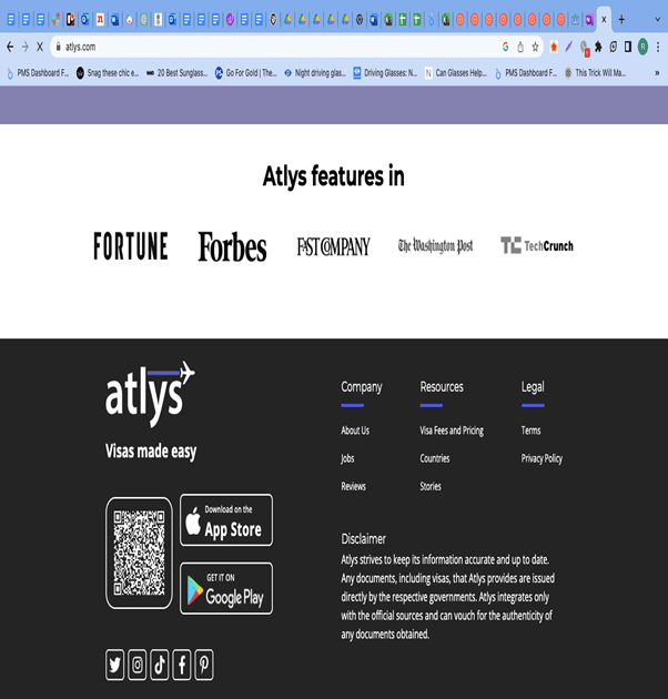 atlys.com page showing the press strip with FORTUNE, Forbes, Fast Company, The Washington Post and TechCrunch, plus App Store and Google Play badges