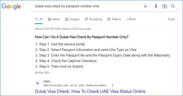 Google search results showing atlys.com owning the featured snippet for 'dubai visa check by passport number only'