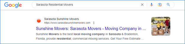 Google search listing showing the optimized Sunshine Movers title and rich description